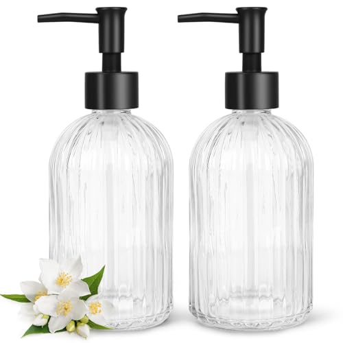 Topsky 2 Pack Glass Soap Dispenser with Plastic Pump, 400ml Liquid Hand Soap Dispenser, Rustproof Pump for Kitchen & Bathroom, Great for Lotions, Essential Oil, Liquid Soaps,Transparent - color: Stripe-clear, size: Plastic Pump