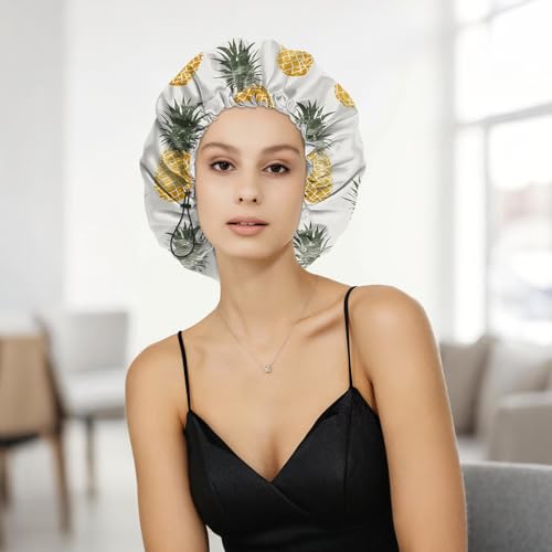 Shower Cap Adjustable Waterproof Double Layer Elastic Reusable Hair Bath Cap Cute Aesthetic for Women Girls-Pineapple - color: R12-Pineapple
