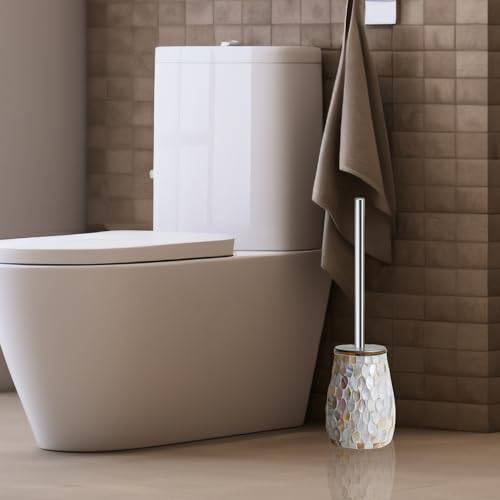 Escenzy Natural Shell Toilet Brush and Holder Set – Handcrafted Mother of Pearl Mosaic Glass Holder, 304 Rust-Resistant Stainless Steel Toilet Bowl Brush – Decorative Luxury Coastal Bathroom Accessory - color: Natural Shell