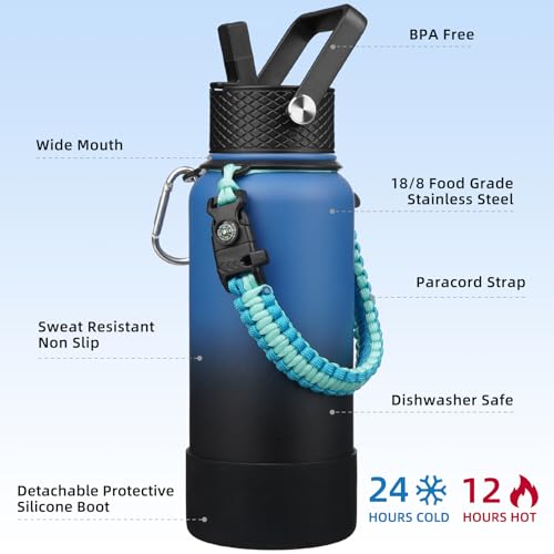 BJPKPK 32oz Insulated Water Bottles with 3 Lids, Paracord Handle & Non-slip Boot, Stainless Steel Metal Water Bottle,Reusable BPA Free Thermal Flasks, Tumblers, Blue Black - color: Blue/Black, size: 32 Ounces