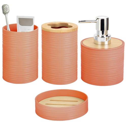 4 Pieces Bamboo Bathroom Accessories Set, Bathroom Accessory Set with Soap Dispenser and Toothbrush Holder, Soap Dish and Toothbrush Cup, Boho Bathroom Decor(Orange) - color: Orange