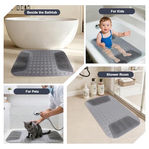 Bathtub Shower Mat Non Slip, 28.7x18.9 inch Silicone Bathroom Mat with Foot Scrubber on Both Sides, Drain Hole and Suction Cups, Machine Washable Bath Mats for Elderly, Pet (Gray) - size: 28.7"x18.9"