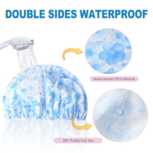 6 PCS Shower Caps for Women, Double Side Waterproof Shower Cap, Reusable Elastic Bath Caps for Shower, EVA Bathing Shower Caps, Bath Hair Caps - Plum Blossom - color: Plum Blossom