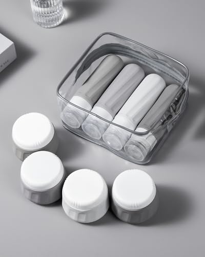 Mrsdry Travel Size Toiletries 8 Pack, TSA Approved 3oz Silicone Squeeze Bottles & Cream Jars with Clear Travel Bag - color: Proper Gray, size: 3oz bottle 3oz jar