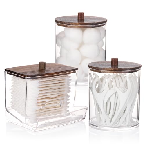 Tbestmax Qtips Dispenser Bathroom Container, 10/12 oz Big Cotton Ball Holder, Apothecary Jar Organizer for Storage Cotton Swab, Round Pads, Floss Picks (Brown Wood Lids) - color: 12oz&10oz Brown Wood
