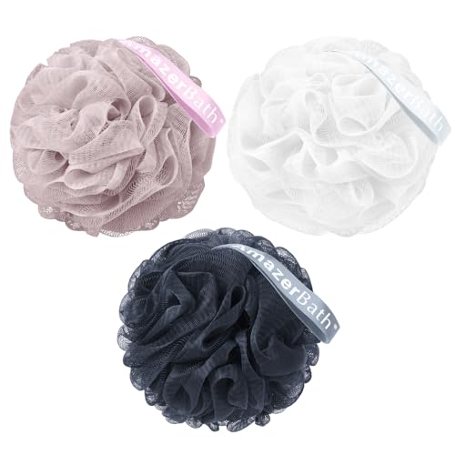 AmazerBath Loofah Sponge 60g/PCS, Shower Loofah for Men and Women - Body Scrubber Loofa Set of 3, Bath Sponge - Grey Blue-Pink-White - style: Grey Blue-Pink-White