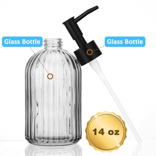 3 Pack Glass Soap Dispenser with Rust Proof Pump, 14 Oz Refillable Liquid Soap Dispenser for Bathroom & Kitchen (Grey)