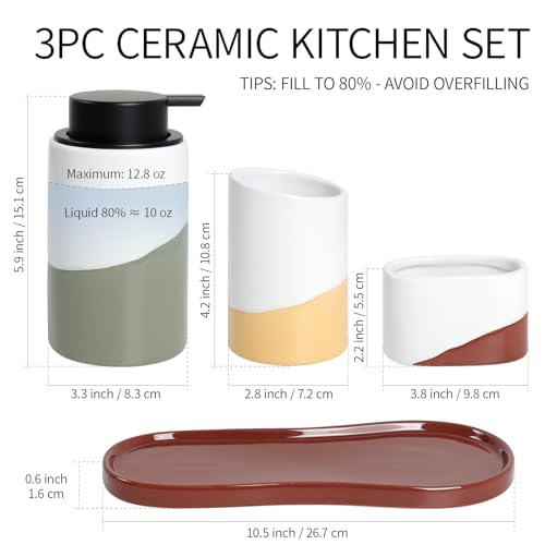 Bosilunlife Ceramic Soap Dispenser Set with Sponge Cup, Brush Cup & Tray | 4-Piece Ceramic Set Includes 12 Oz liquid Soap Dispenser, Sponge Cup, Brush Holder and Tray for Kitchen or Bathroom Counters. - size: liquid Pump