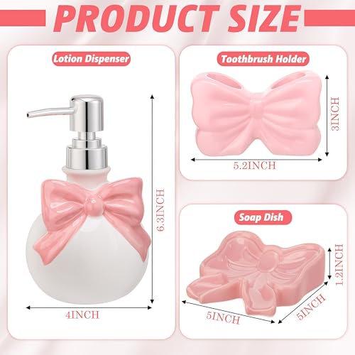 Pink Cute Ceramic Bathroom Accessories Set 3 Pcs - White Bowknot Soap Dispenser, Toothbrush Holder, Soap Dish - Modern Coquette Preppy Bathroom Decor & Apartment Essentials (Classic) - color: Pink