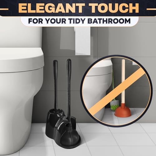 2-in-1 Black Toilet Brush and Plunger Set with Holder – Compact Bathroom Cleaning Combo, Strong Rubber Plunger & Stiff Bristle Brush, Space-Saving Stand, Fits Most Standard Toilets, 9.3×6.3×15.2 inch - color: Black