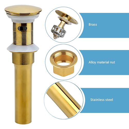 Rockgoya Bathroom Sink Drain, 2 Pack Gold Drain Stopper Bathroom Sink with Overflow, Pop Up Drain Assembly with Detachable Strainer Basket, Built-in Anti-Clogging Strainer,Stainless Steel - color: Gold-2 Pack, style: With Overflow
