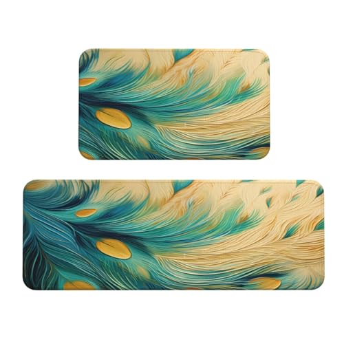 Peacock Feather Teal Blue Kitchen Rugs Mats Set of 2 Pcs Non-Slip Floor Mats Washable Runner Rugs Set for Bathroom Laundry Hallway Kichen Comfort Standing Mat - color: Peacock Feather Teal Blue