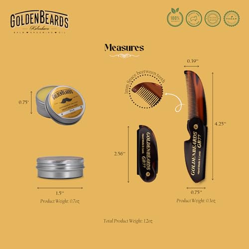 Golden Beards Mustache Wax with GB-77 Folding Comb – Organic & Natural Styling Wax for Men – Strong Hold, Vegan, Cruelty-Free Grooming Kit - style: Folding Comb