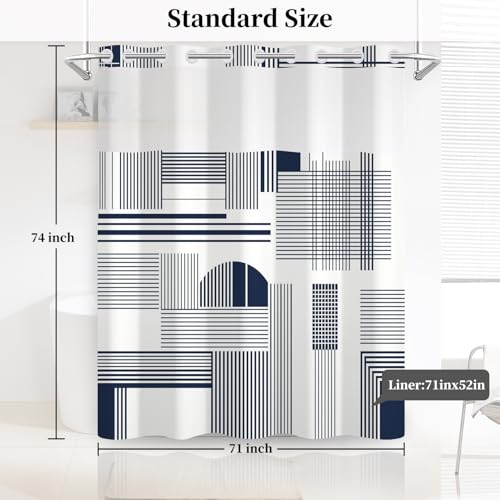 No Hook Geometric Shower Curtain with Snap in Liner, 71x74 Inch | Navy Blue Modern Line Pattern Shower Curtains for Contemporary Bathroom, Mesh Top Window Waterproof Washable Fabric - color: Dark Blue