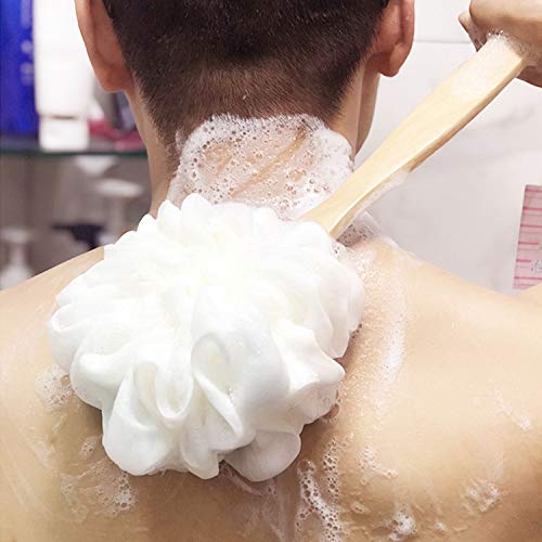 White Loofah with Handle - Back Scrubber for Shower, Exfoliating Body Sponge with Soft PE Mesh and Wood Stick, Clean Look Bath Accessory for Men and Women - color: White