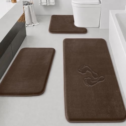 HUXMEYSON Bathroom Rugs Sets 3 Piece, Non-Slip & Quick Dry Bath Mat Set, Ultra Soft Velvet Bath Rugs for Bathroom, Toilet and Shower Floor, Brown - color: Brown, size: 20"x32"+24"x60"+U Shape 20"x24"