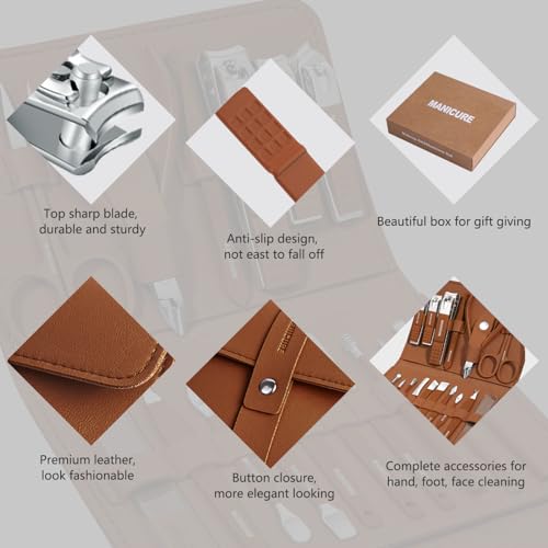 Manicure Set Professional Nail Clippers Pedicure Kit, 16 pcs Stainless Steel Nail Care Tools Grooming Kit with Luxurious Travel Leather Case for Thick Nails Men Women Gift (Brown) - color: Brown