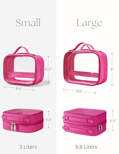 Clear Cosmetic Bag Double Layer Travel Toiletry Bag Clear Makeup Bag Case with 4 Compartments, Transparent Travel Bag for Toiletries, Large Toiletry Bag for Women Cosmetic Case (Hot Pink, Small) - color: Hot Pink, size: Small