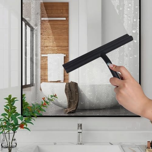 Shower Squeegee for Glass Doors, Full Silicone Jacketed Squeegee with Ergonomic Handle & No-Drill Hook, Cleaning Tool for Windows, Mirrors, Tiles, Bathroom & Car - Black - color: Black, size: without loop