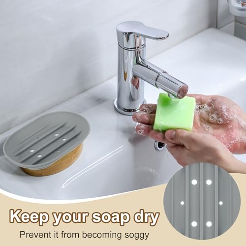 uxcell 3Pcs Small Soap Dish, Silicone Bathroom Soap Holder Oval Shape Bar Soap Dish Self-Draining Soap Tray with Holes for Shower, Bathroom, Kitchen, Counter Top (Grey) - color: Gray