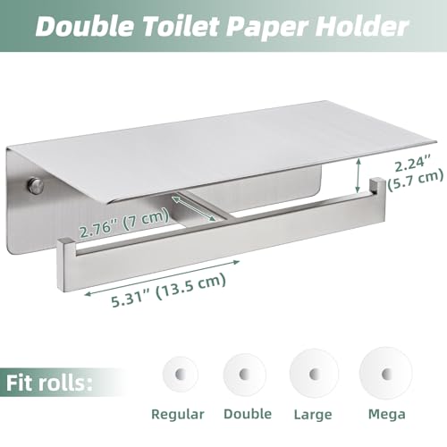 APLusee Double Toilet Paper Holder with Shelf, 304 Stainless Steel Brushed Nickel Bathroom Tissue Holder, Commercial Paper Roll Dispenser Wall Mounted - color: Brushed Nickel, size: Double Rod