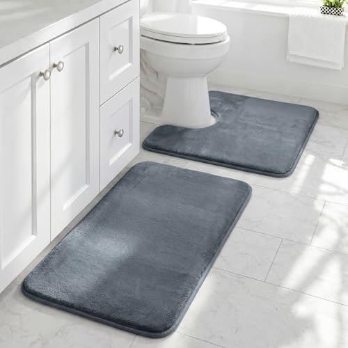 HUXMEYSON Bathroom Rugs Sets 2 Piece, Non-Slip & Quick Dry Bath Mat Set, Ultra Soft Velvet Bath Rugs for Bathroom, Toilet and Shower Floor, Grey - color: Grey, size: 17"x24"+U Shape 20"x24"