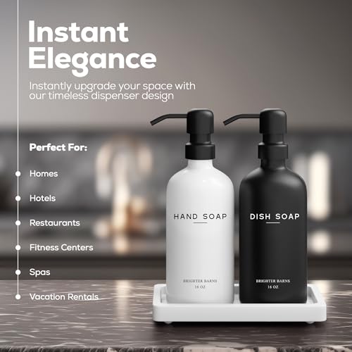 Luxury Glass Hand and Dish Soap Dispenser Set by Brighter Barns - Kitchen Soap Dispenser Set with Tray for Kitchen, Home or Restaurant - Modern Farmhouse Kitchen Decor (Black/White) - color: Black White Hd