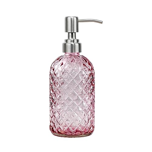 16 oz Soap Dispenser with 304 Rustproof Stainless Steel Pump, Kitchen, Bathroom Refillable Glass Liquid Soap Dispenser for Hand Soap, Soap, Lotion. (Pink) - color: Pink