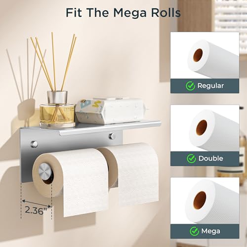 FORIOUS Double Toilet Paper Holder with Shelf, Wall Mount Tissue Roll Holder for Bathroom, 304 Stainless Steel Commercial Toilet Paper Dispensers with Phone Shelf (1, Brushed Nickel) - color: Stainless Steel
