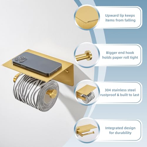 APLusee Brushed Gold Toilet Paper Holder with Shelf, 304 Stainless Steel Wall Mounted Compact Bathroom Tissue Hanger - color: Brushed Gold, size: Single Rod