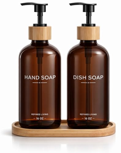 Hand and Dish Soap Dispenser Set,16oz Glass Bottles with Bamboo Pumps & Tray,Countertop Soap Dispensers for Kitchen,Luxury, Minimalist & Farmhouse Decor - color: Hand Dish (Amber)