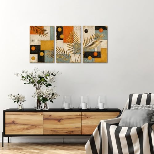 Zlove 3 Pieces Boho Gold Palm Leaf Wall Art | 16x24 Inches, Abstract Geometric Print, Mid Century Style, Living Room Bedroom Decor