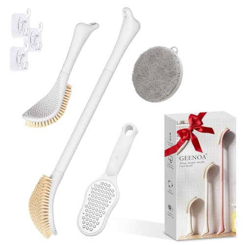 Foot Brush/Foot File/Silicone Body Scrubber Set(3PCS), 3-in-1 Foot Scrubber with Long Handle, 10.2’’-27.5’’Adjustable Foot Scrub Brush with Foot File and Silicone Loofah, Gift-Box(White Set) - color: White Kit03