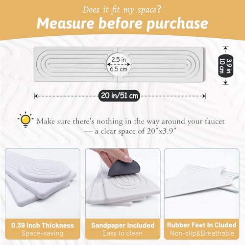 Faucet Mat for Kitchen Sink, 20" Wide Diatomite Fast Drying Stone Tray, Super Absorbent, Prevents Moisture Buildup, Faucet Water Splash Guard for Bathroom Counter, Sink Protector Gift for Mom, White - size: 20" x 3.9"