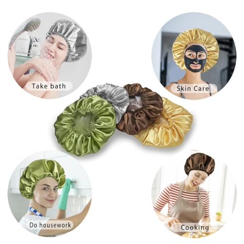 4 PCS Shower Cap for Women, Elastic and Reusable Bath Caps, Double Layers Shower Caps Reusable Waterproof, Bathing Shower Caps, Environmental Bath Hair Protection Cap -Gold+Green+Silver Gray+Brown - color: Gold+Green+Silver Gray+Brown