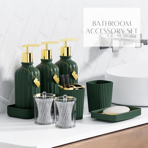 32PCS Bathroom Sets with Shower Curtain and Rugs-Dark Green Bathroom Accessories,Non Slip Bathroom Rugs Set with Toilet Lid Cover, Waterproof Shower Curtain, 3PC Soap Dispenser with Trash Can - size: Bath Set + Oil Painting Shower Curtain + Bath Rugs, sty
