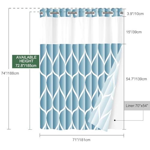 Yiatn No Hook Moonlight Blue Shower Curtain with Snap in Fabric Liner Set - Hotel Style with See Through Mesh Top Window, Modern Geometric Waterdrop Design,Waterproof and Washable, 71x74 INCH - color: Moonlight Blue, size: 71"W x 74"L (Pack of 1)