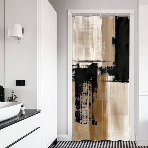 Miyotaa Abstract Modern Stall Shower Curtain Set 36Wx71H Inches Black Tan Taupe Contemporary Minimalist Brushstroke Neutral Small Half Waterproof Bathroom Curtain with Hooks - color: Black Tan, size: 36"W x 71"L (Pack of 1)