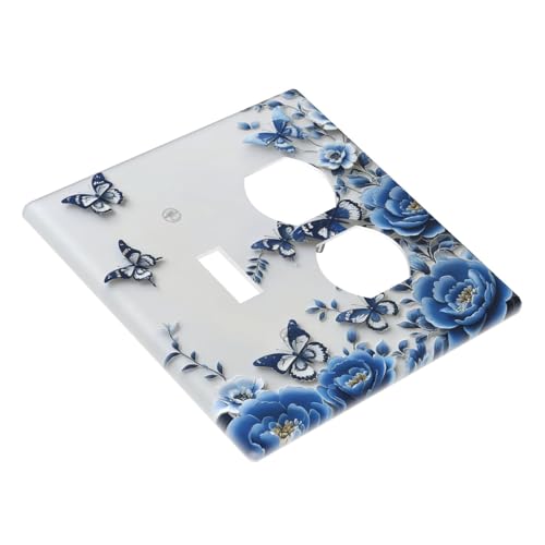 Light Switch Cover Plate Blue Peony Flowers Butterfly Vintage Floral 2 Gang Decorative Switch Plates 1 Toggle Duplex Combo Outlet Covers GFCI Wall Plates for Bathroom Bedroom Decor - color: Blue Peony Flowers Butterfly Vintage Floral, size: 1 Toggle 1 Dup
