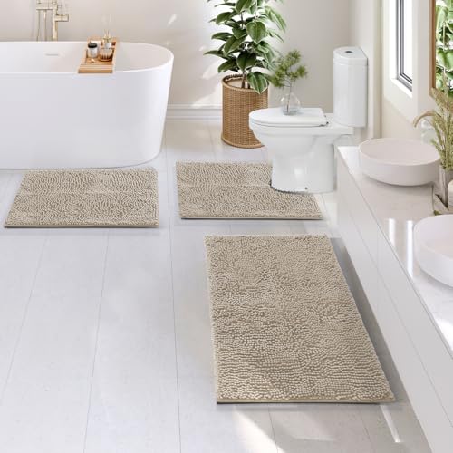 Hearth & Harbor Bathroom Rugs, Chenille Bath Mat - Machine Washable Bath Mats for Bathroom Non-Slip Backing Rubber, Quick Dry Mat - Beige Bath Rug, 17x24-20x32-20x24 - color: Beige, style: 17x24 / 20x32 / 20x24