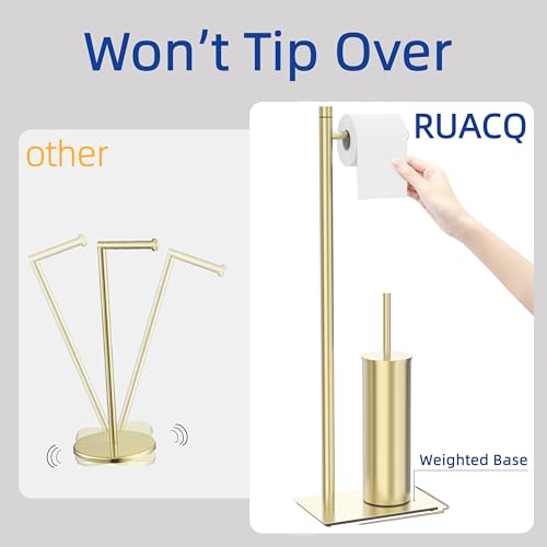 RUACQ Toilet Paper Holder Stand with Toilet Brush and Holder Set, 304 Stainless Steel Bathroom Toilet Tissue Paper Roll Holder Free Standing, Weighted Base, Heavy Duty (Brushed Gold) - color: Brushed Gold, size: Free standing
