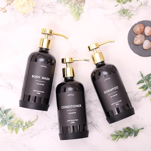 Shampoo and Conditioner Dispenser Set of 3,Refillable 21oz Shampoo Bottles with Non-Slip Protective Silicone Pad,Shower Soap Dispenser with Waterproof Labels for Bathroom (Black) - color: Black Bottles + Gold Pumps