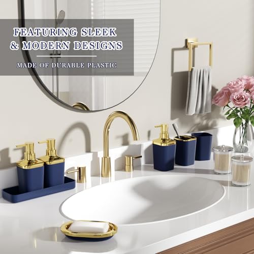 Bathroom Set - 11PC Bathroom Accessory Set, Bathroom Accessories Set, Blue Bathroom Set, Push-lid Trash Can, 3PC Soap Dispensers, Toilet Brush & Q-tip Holders - color: Navy Blue & Gold, size: Bath Set