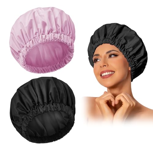 Edoneery Reusable Shower Caps for Women, Waterproof Long Hair Bonnet | Washable Design, Wide Elastic Band, Large Fit, Holds Long Hair, Braids Friendly, Bath Accessories, Spa, Travel - color: Black&Purple