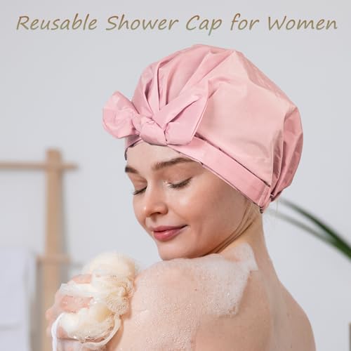 Shower Cap for Women Reusable Waterproof, Large Satin Shower Bonnet, Washable Bath Hat for Long Hair, Braids, Curly Hair, Pink - color: Pink