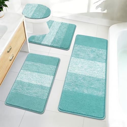 Bsmathom Bathroom Rugs Sets 4 Piece, Soft Absorbent Microfiber Bath Rugs with U-Shaped Contour Toilet Rug and Toilet Lid Cover, Thick Non-Slip Plush Shaggy Bath Mat Set,Teal - color: Teal, size: 18"x26"+18"x48"+U20"x24"+Cover19"x21"
