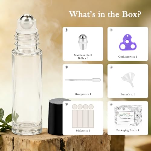 PrettyCare 4 Pack, 10 ml Essential Oil Roller Bottles with Stainless Steel Roller Ball - Refillable Leak-proof Empty Thick Clear Glass Roll on Bottles with Black Caps for Travel, Perfume - color: Clear with Black Cap, size: 4 Pack