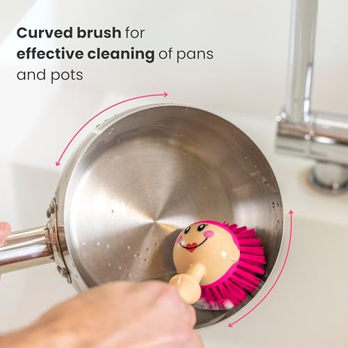 Vigar Dolls April Dish Brush with Ergonomic Handle and Dres-shaped Storage Holder - Scrub Brush for Pans, Pots, Kitchen Sink Cleaning, White, Pink - color: White, Pink