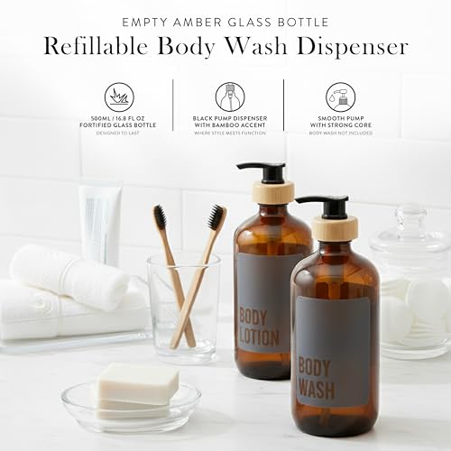 SAVVY & SORTED Amber Glass Soap Dispenser with Pump, Body Wash Soap Dispenser, Refillable Hand Soap Bottle for Bathroom, Matching Body Lotion Bottle Available, 17 Fl Oz / 500 ml - color: Amber - Body Wash 500 Ml