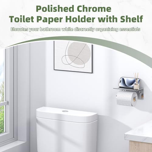 APLusee Toilet Paper Holder with Phone Shelf Polished Chrome, SUS 304 Stainless Steel Bathroom Accessories Tissue Roll Dispenser Storage Wall Mounted - color: Polished Chrome, size: Single Rod